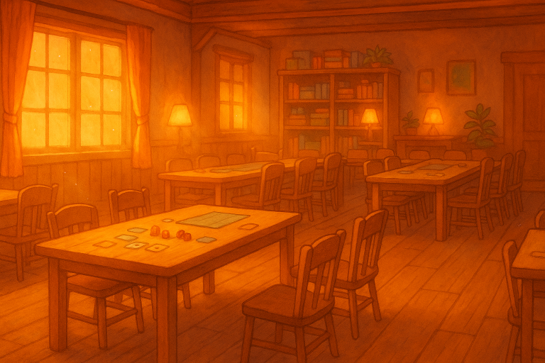 Warm illustrated interior of Seminary Hall with wooden game tables and chairs in Hopewell, New Jersey.